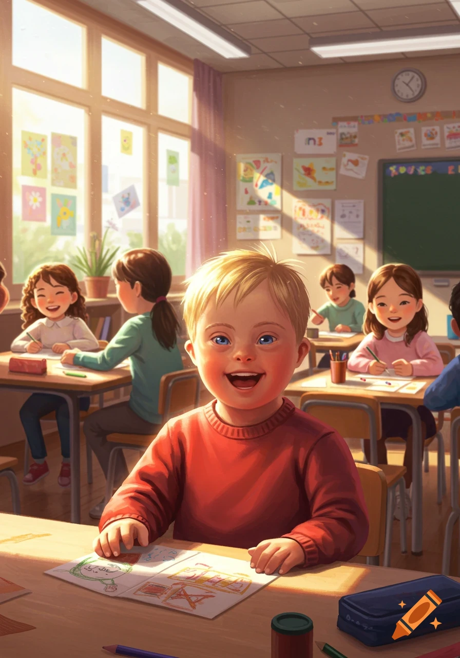 A smiling boy with Down syndrome sits at a desk in a brightly lit classroom, drawing. Other children are visible in the background.