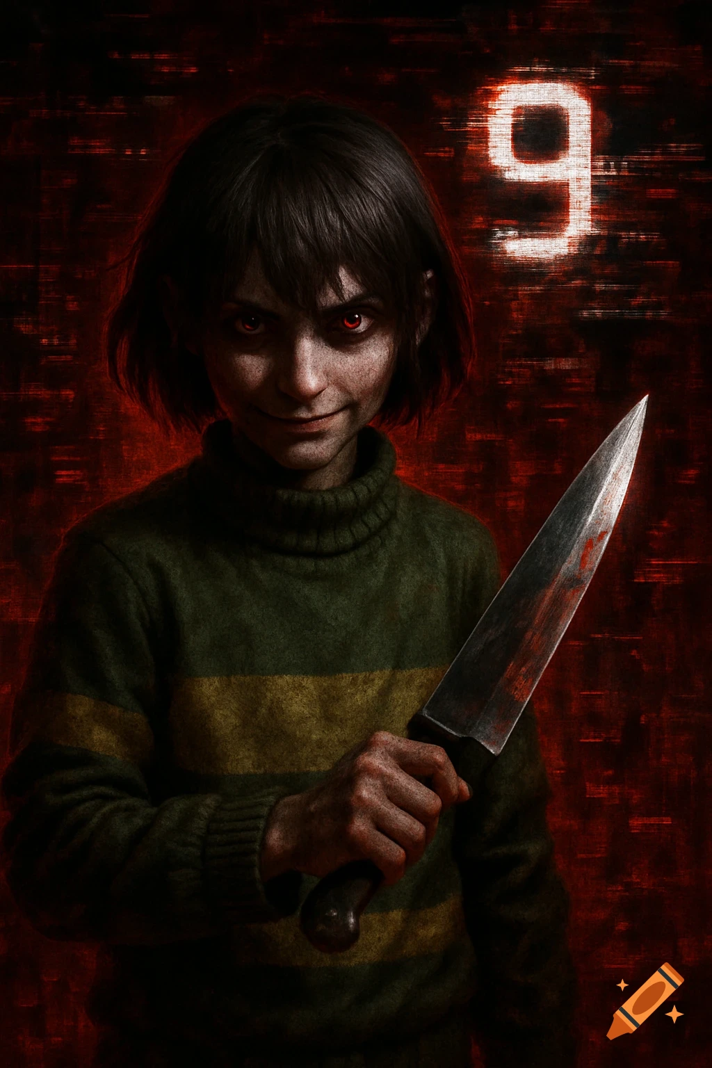 A menacing character with red eyes and a sinister smile holds a bloodied knife against a dark red, glitchy background with a glowing number 9.