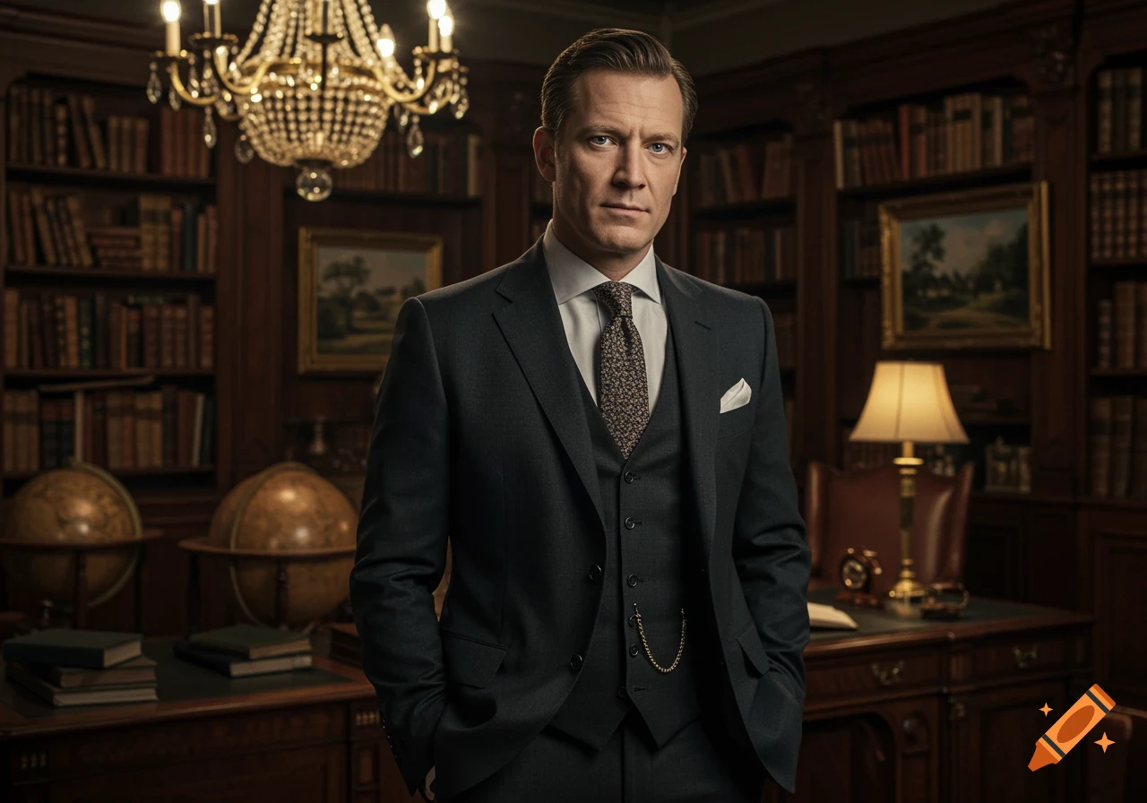 A man in a dark suit and tie stands confidently in a grand wood-paneled library with bookshelves, globes, and a chandelier.