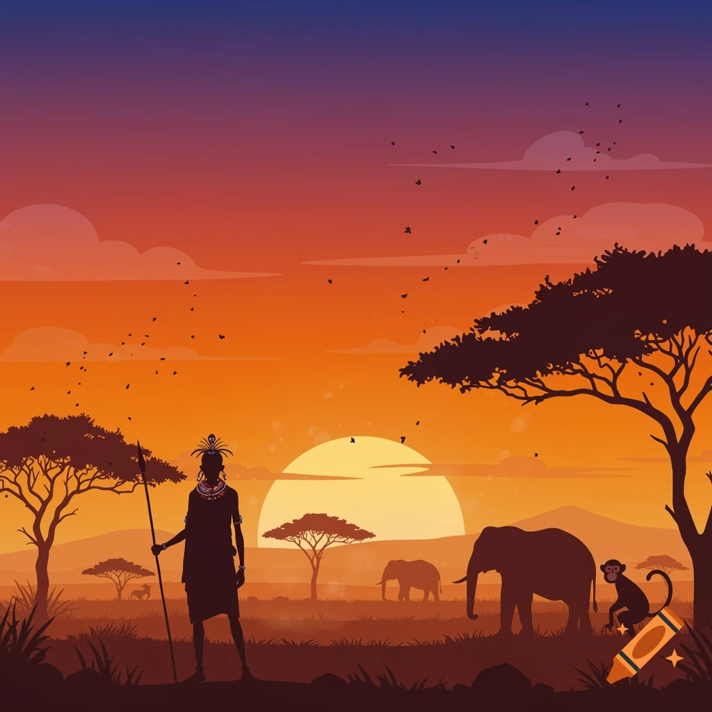 Silhouettes of a person with a spear, an elephant, and a monkey on an African savanna at sunset.