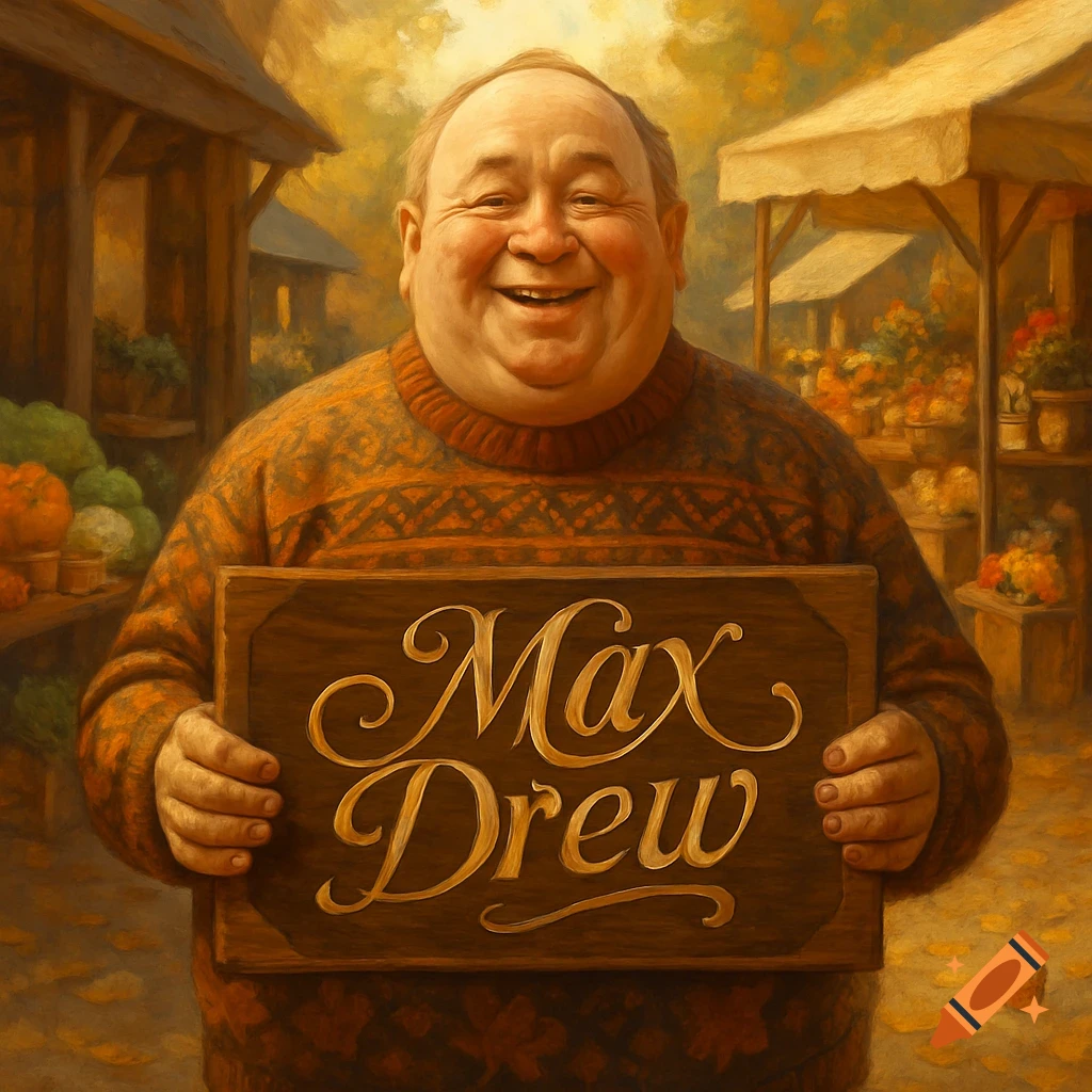 A smiling, plump man in a patterned sweater holds a wooden sign reading 'Max Drew' at an outdoor market.
