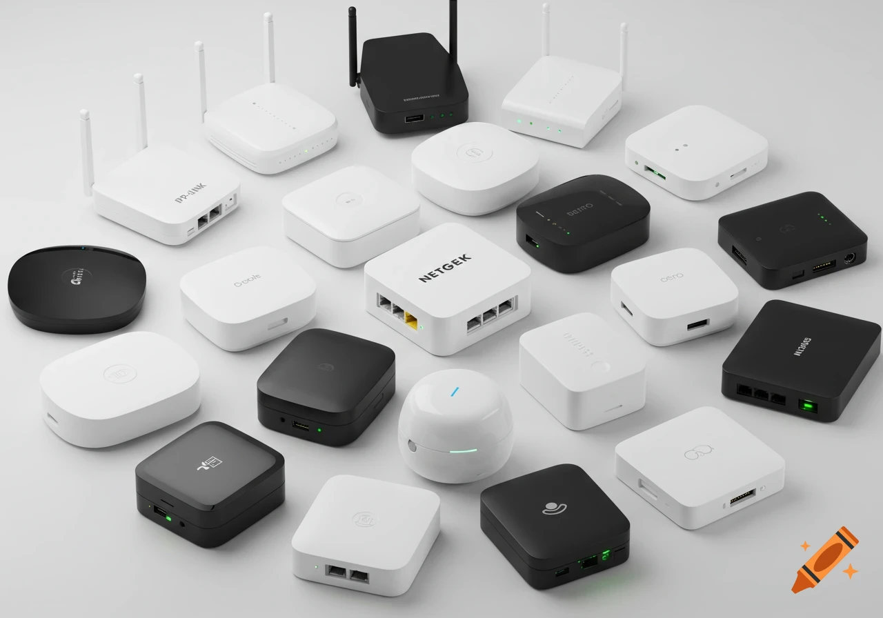A top-down view of a variety of black and white Wi-Fi routers and networking devices arranged on a light gray surface.