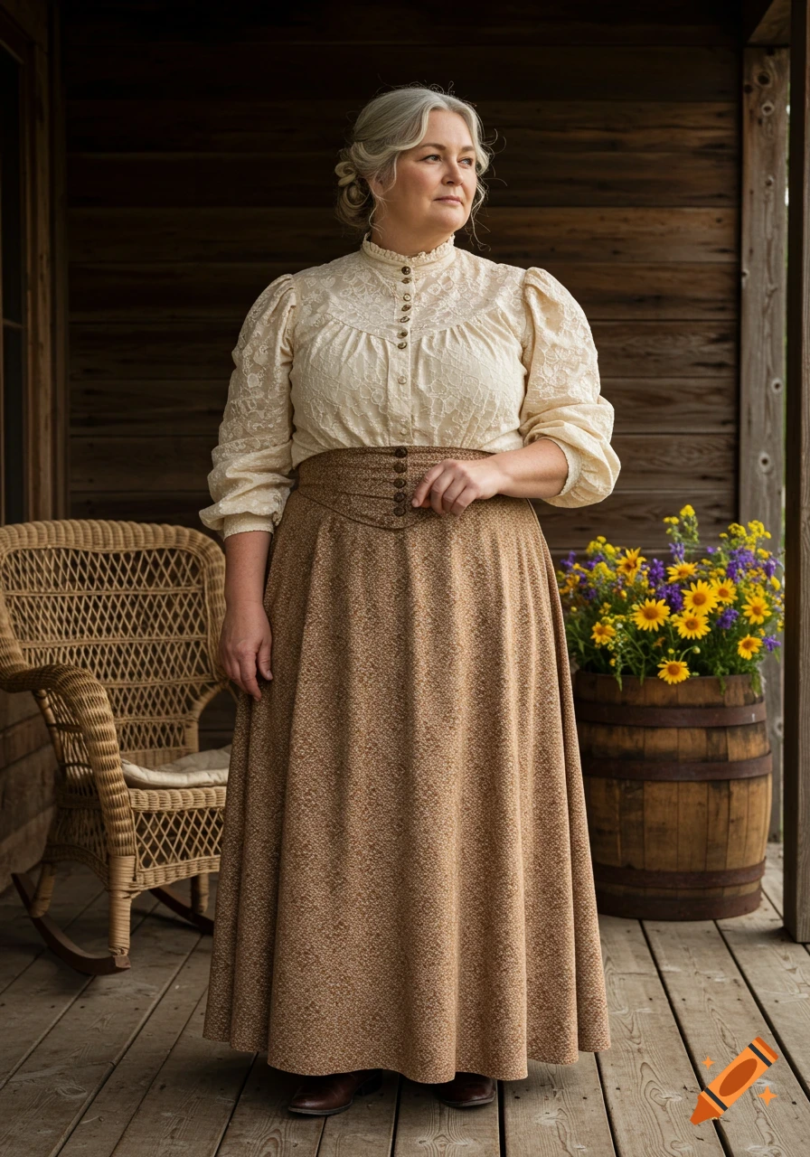 A photorealistic image of an older woman in 1800s-style clothing on a wooden porch with a wicker chair and flowers.