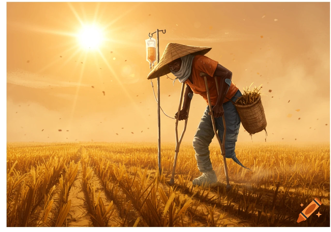 A person wearing a conical hat and crutches, with an IV drip attached to a pole, works in a sun-drenched field of crops.