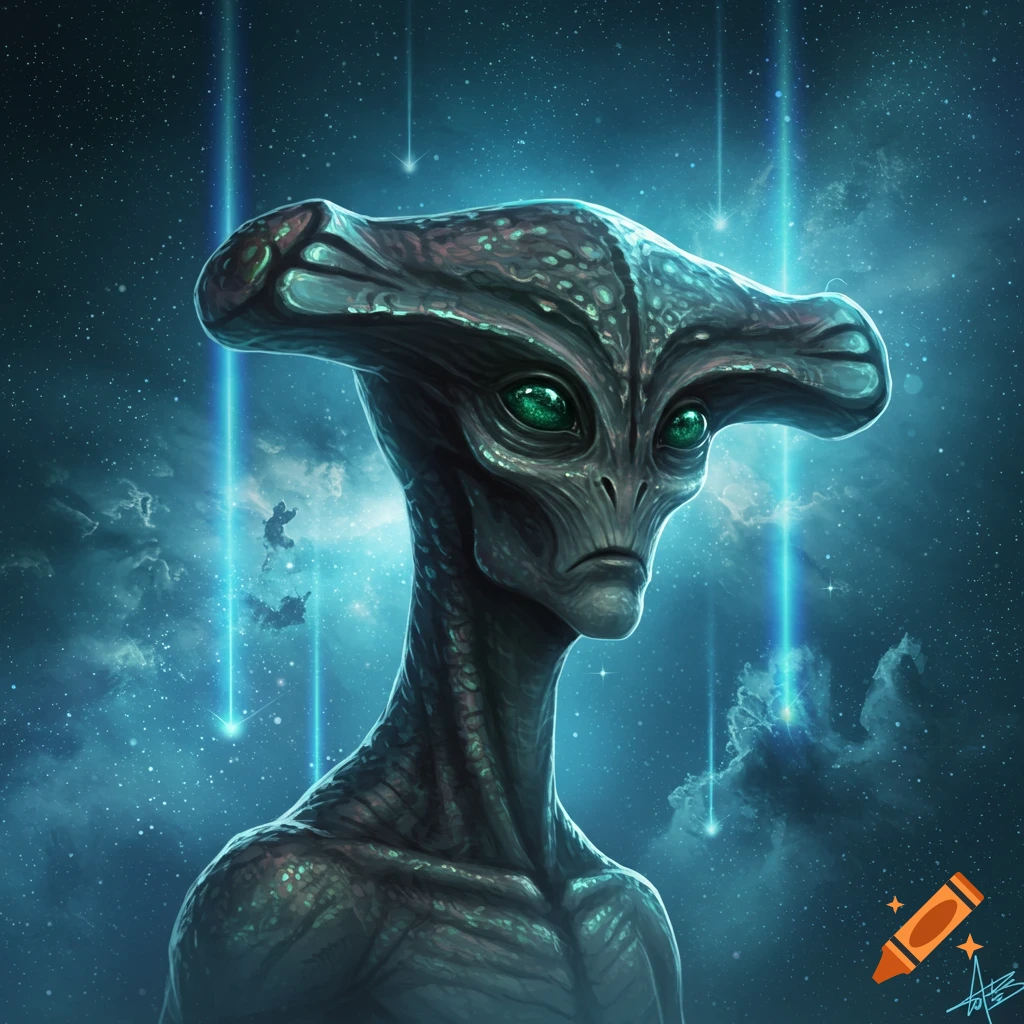 Portrait of a detailed grey hammerhead alien with bright green eyes, set against a dark blue starry space background with light beams.
