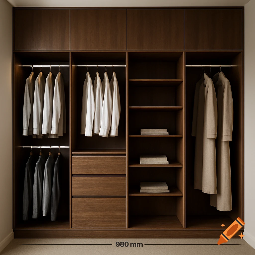 A modern built-in wooden wardrobe featuring multiple compartments with hanging clothes, drawers, and shelves, with a measurement '980 mm' at the bottom.