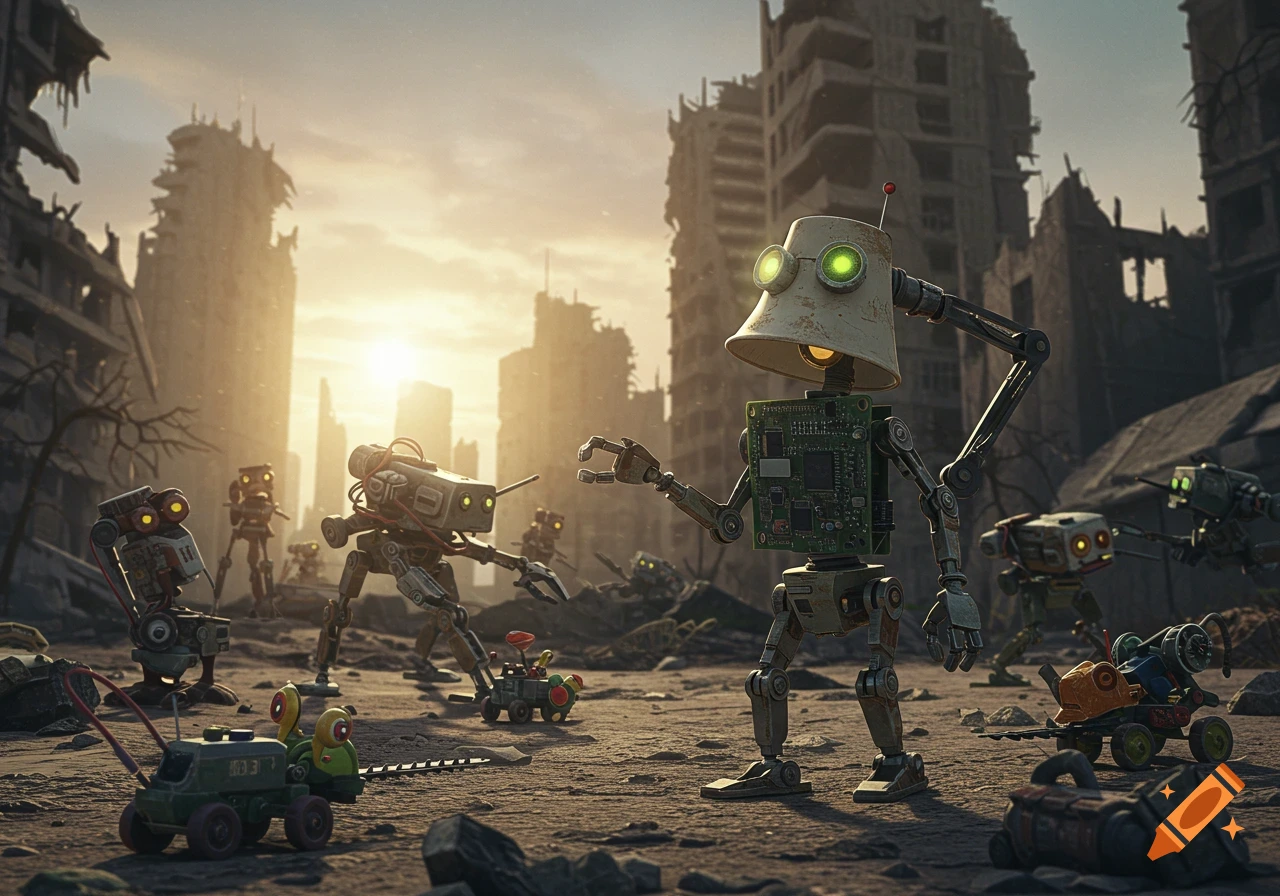 Scrappy robots made from junk in a gritty post-apocalyptic city at dawn.