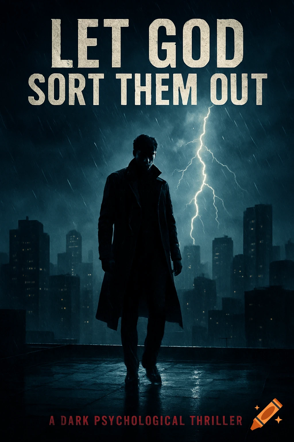 A dark movie poster for 'Let God Sort Them Out' showing a silhouetted man in a trench coat on a rainy rooftop with lightning and a city skyline.