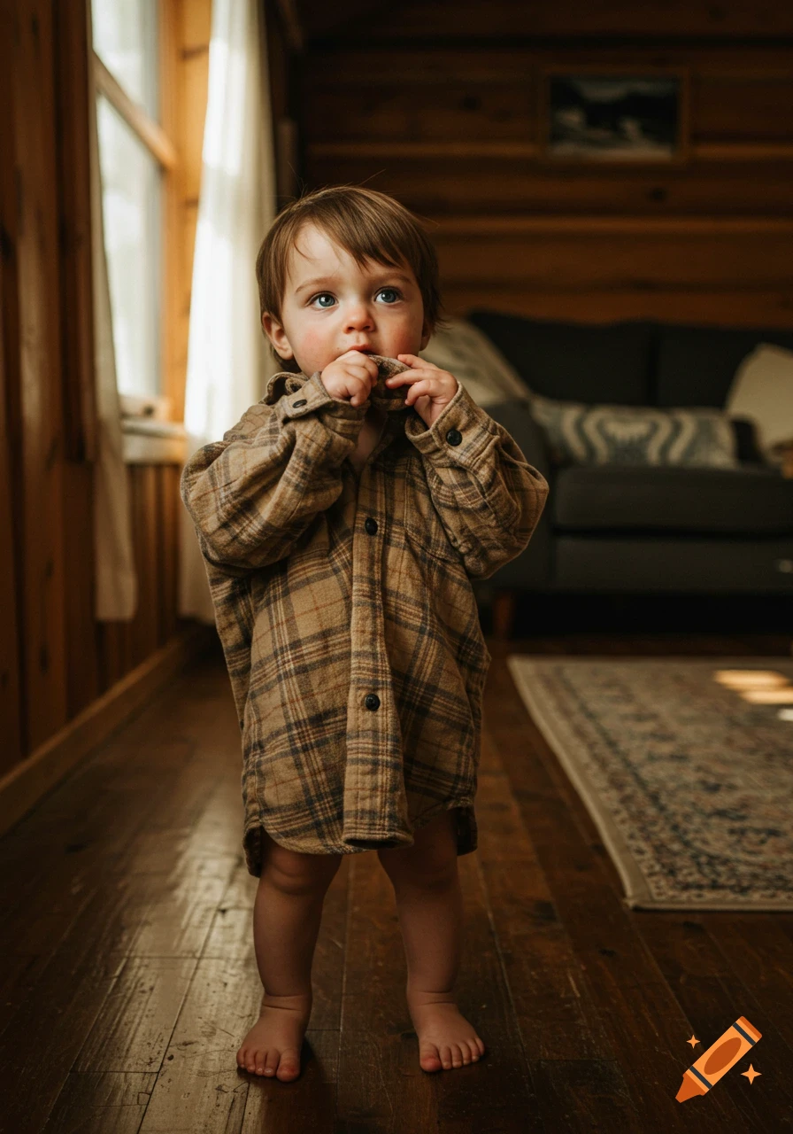A young toddler stands barefoot on a wooden floor in an oversized plaid shirt, chewing on the sleeve and looking up in a cozy, sunlit cabin.