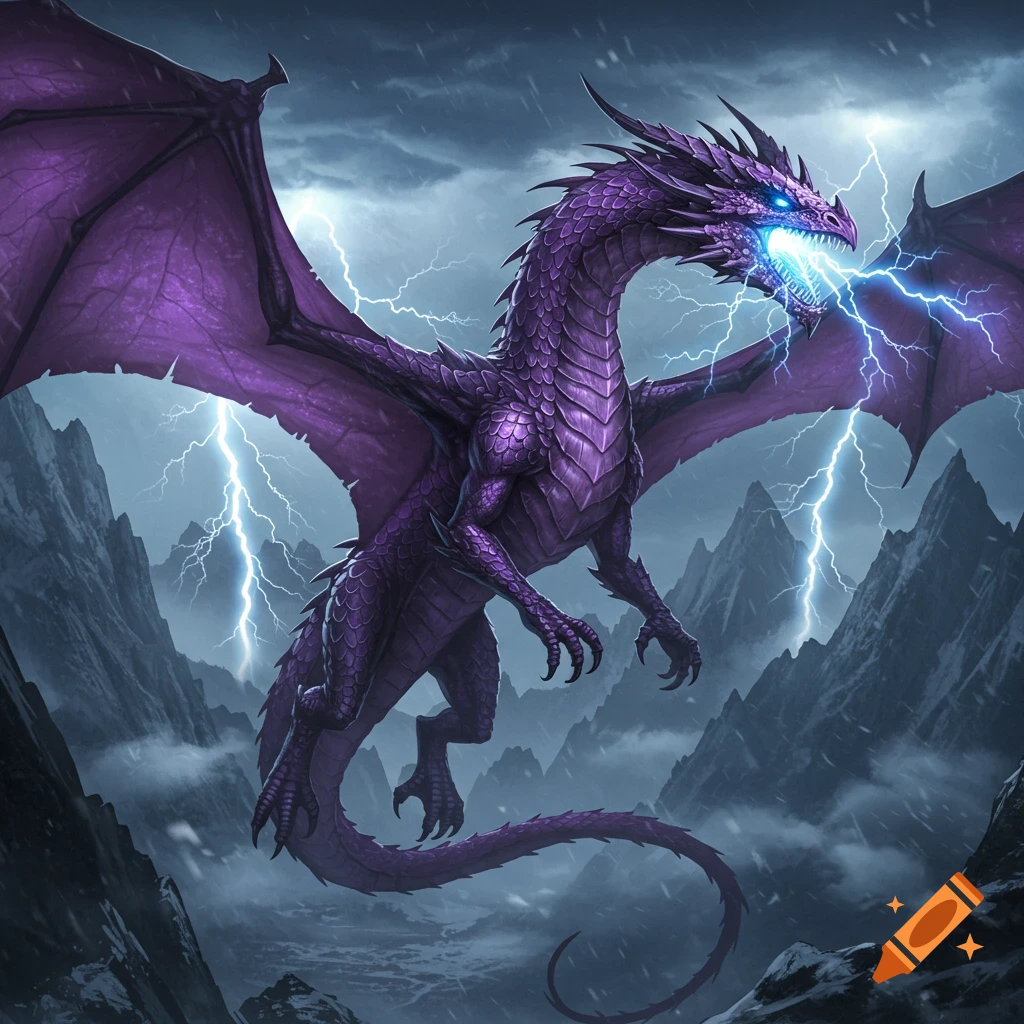 A majestic purple dragon with large wings breathes blue lightning amidst a stormy mountain range.
