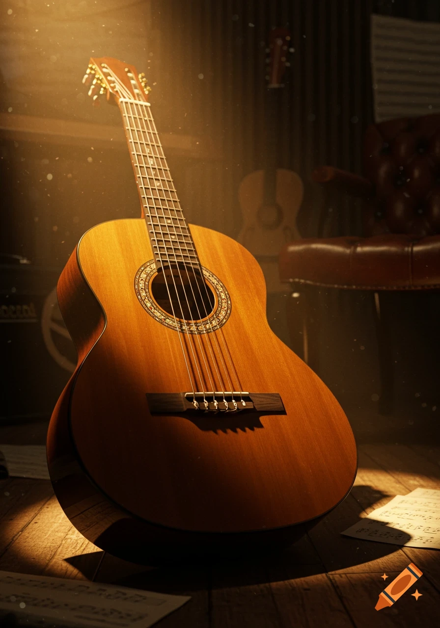 A classical guitar stands upright on a wooden floor under a warm spotlight, with sheet music and an armchair in the blurred background.