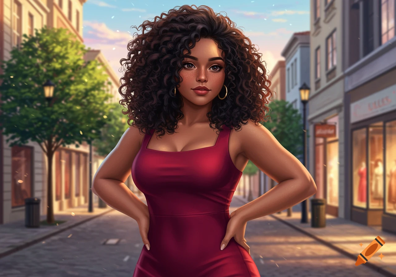 A beautiful woman with dark curly hair and a red dress stands on a city street with hands on her hips, looking forward. The style is digitally painted.