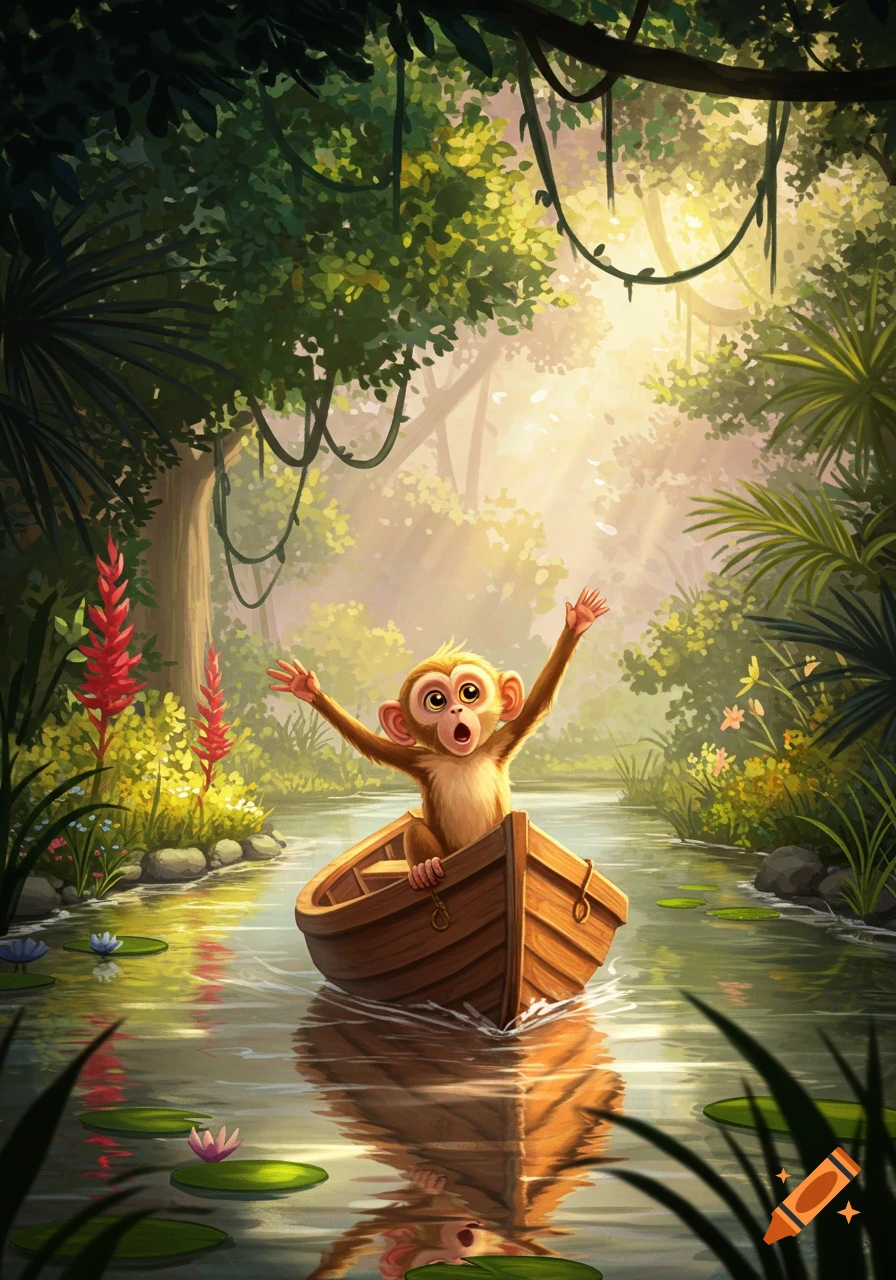 A surprised baby monkey in a wooden boat floats on a serene river in a lush, sunlit jungle. Vibrant cartoon illustration.