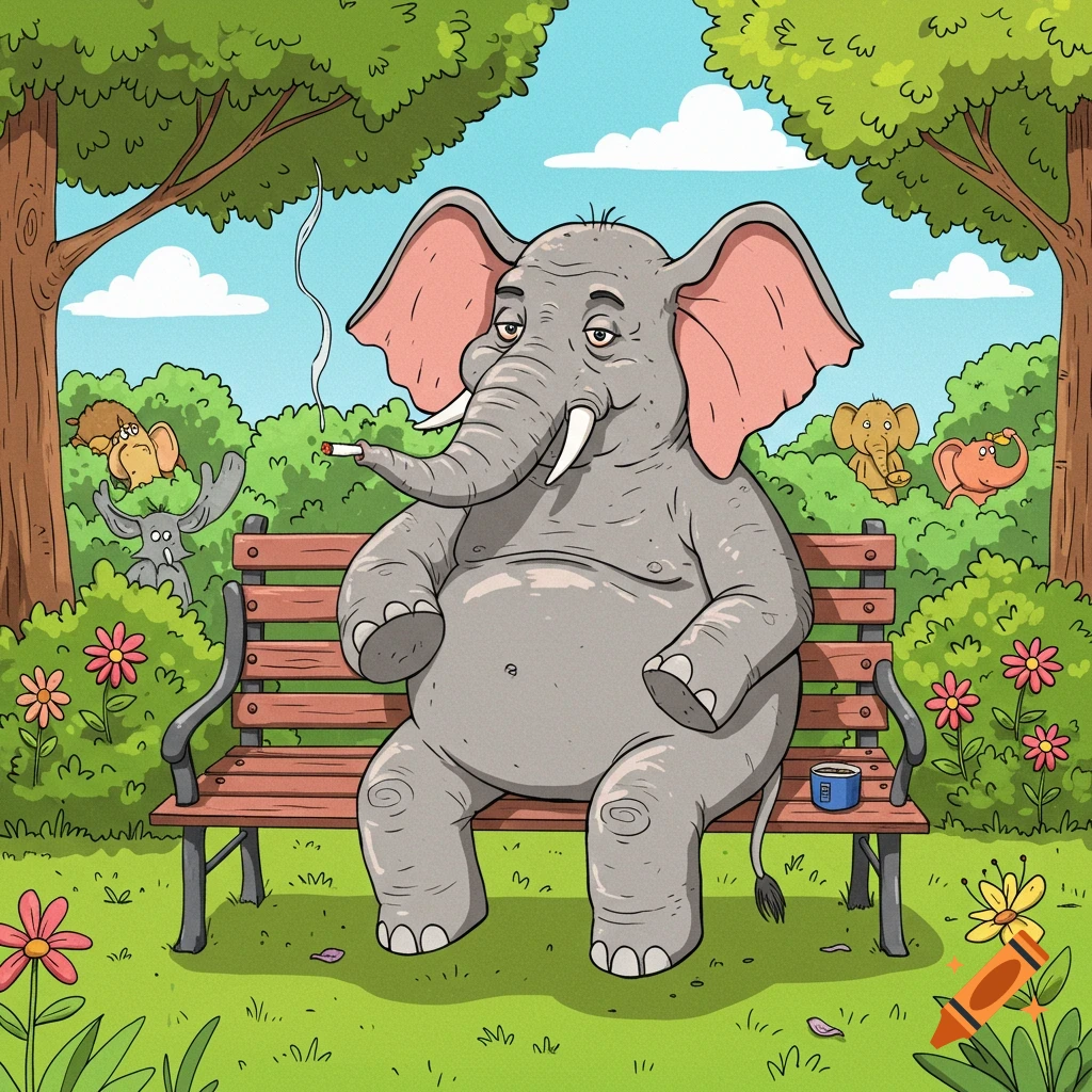 A cartoon elephant sits on a park bench smoking a cigarette in a park, with other elephants in the background.
