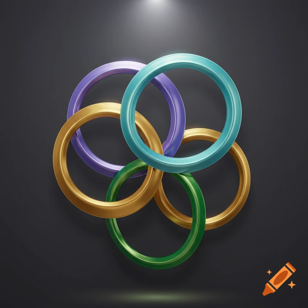 Five glossy, colorful interlocking rings, resembling Olympic rings, against a dark background.