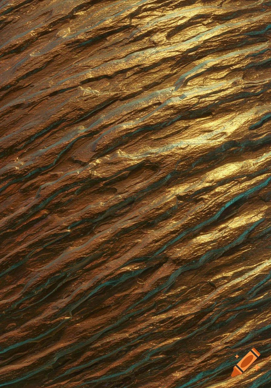 A detailed close-up of a rough, golden-brown and blue-green textured surface with diagonal ridges.