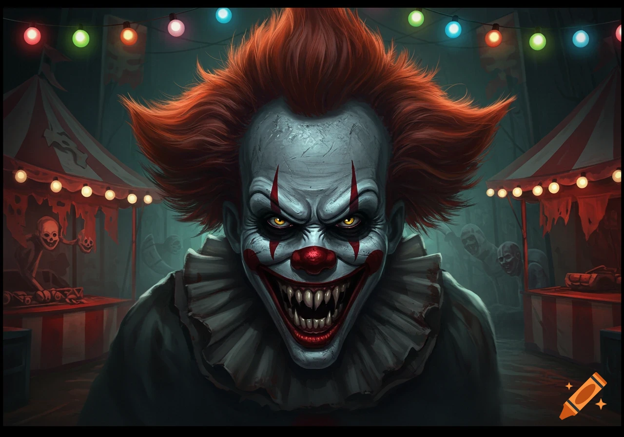 Close-up of a creepy clown with red hair and sharp teeth, with a dark carnival background and colorful lights.