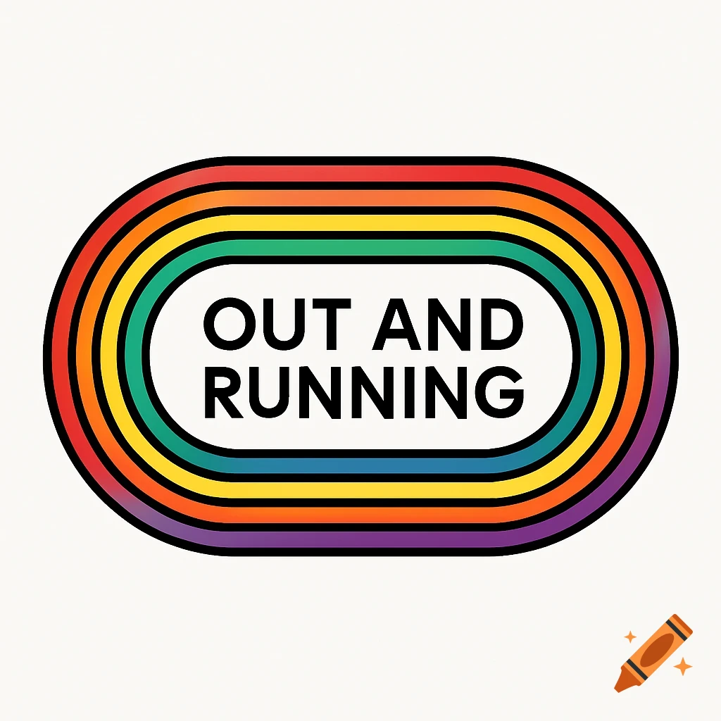 Minimalist logo with a rainbow oval track and the text 'OUT AND RUNNING' in a modern font.