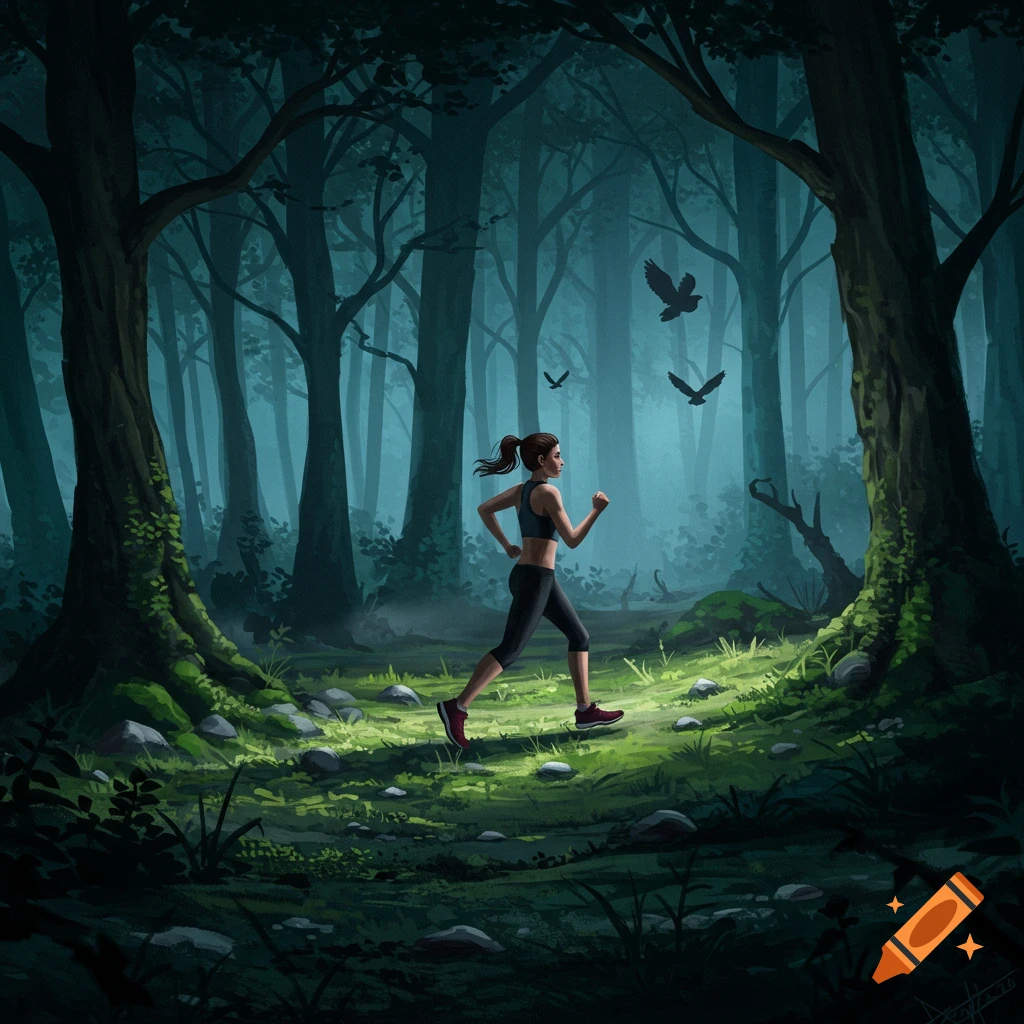 A woman jogs through a dark, mossy forest path illuminated by a spot of light, with dark trees and birds. Digital illustration.