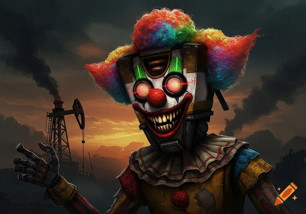 A terrifying robotic clown with a vibrant wig, glowing red eyes, and sharp teeth against an oil rig at dusk.