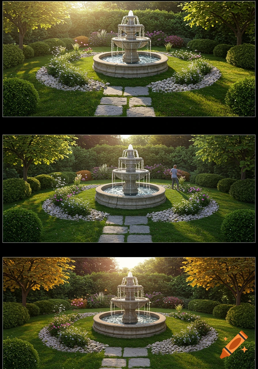 Photorealistic image of a multi-tiered stone water fountain in a sunlit, green garden with bushes, flowers, and a stone path.