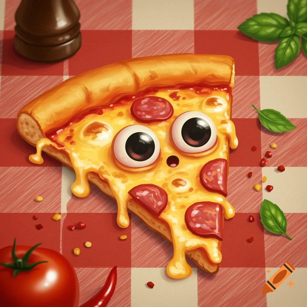 A cartoon slice of pizza with big googly eyes and a small mouth, cheese dripping, on a red and white checkered tablecloth.