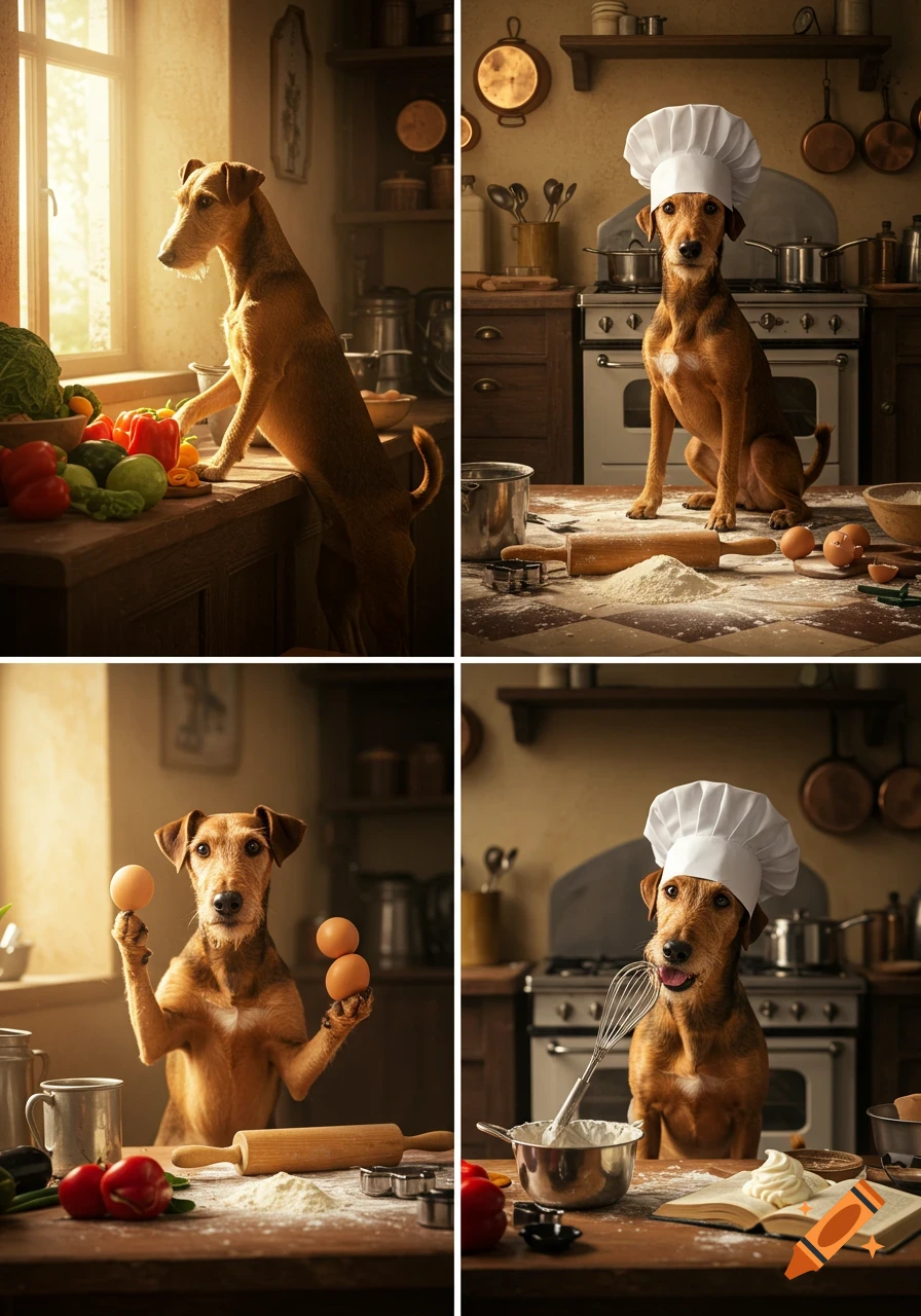 Four photorealistic panels show a brown terrier-doxie mix dog in a rustic kitchen. Scenes include the dog with vegetables, wearing a chef hat, holding eggs, and whisking.