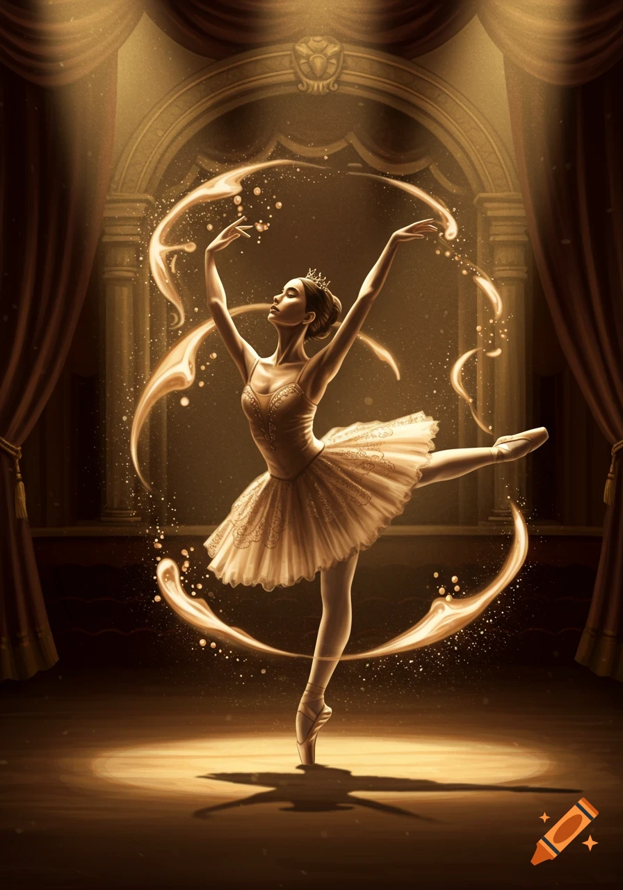 A ballerina with a crown dances gracefully on a stage under a spotlight, surrounded by golden, swirling light.