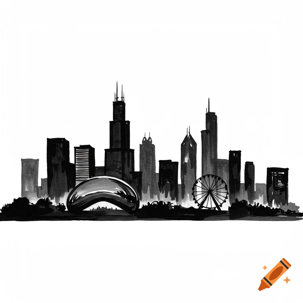 Black and white ink and brush drawing of the Chicago skyline with skyscrapers, the Cloud Gate sculpture, and a Ferris wheel.