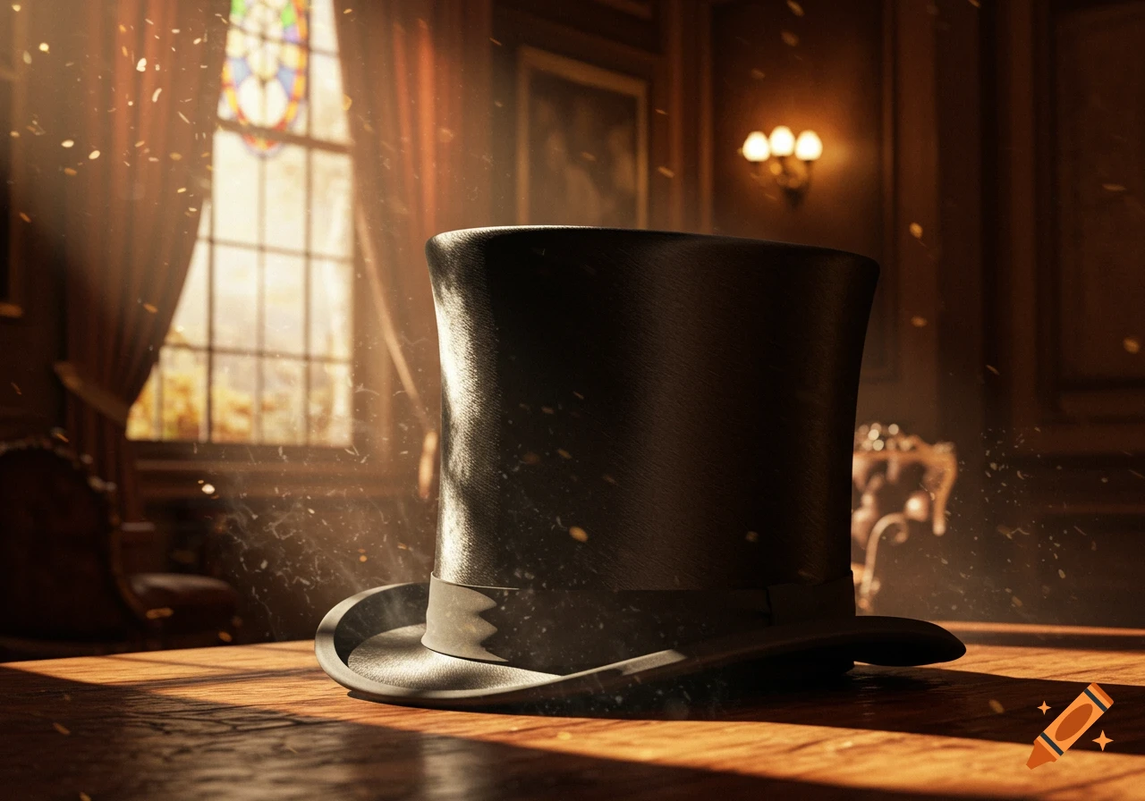 A black top hat sits on a polished wooden table in a sunlit, elegant room with curtains and a stained glass window. Photorealistic style.