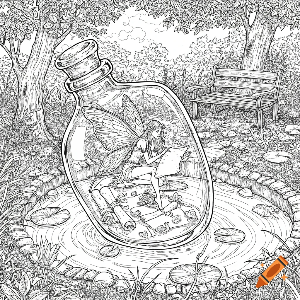 Line art of a fairy reading a scroll in a bottle floating on a pond, with a bench nearby.