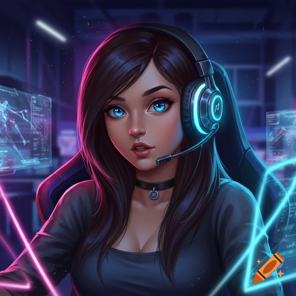 Anime-style portrait of a brunette gamer girl with bright blue eyes, wearing headphones and sitting in front of neon-lit screens.