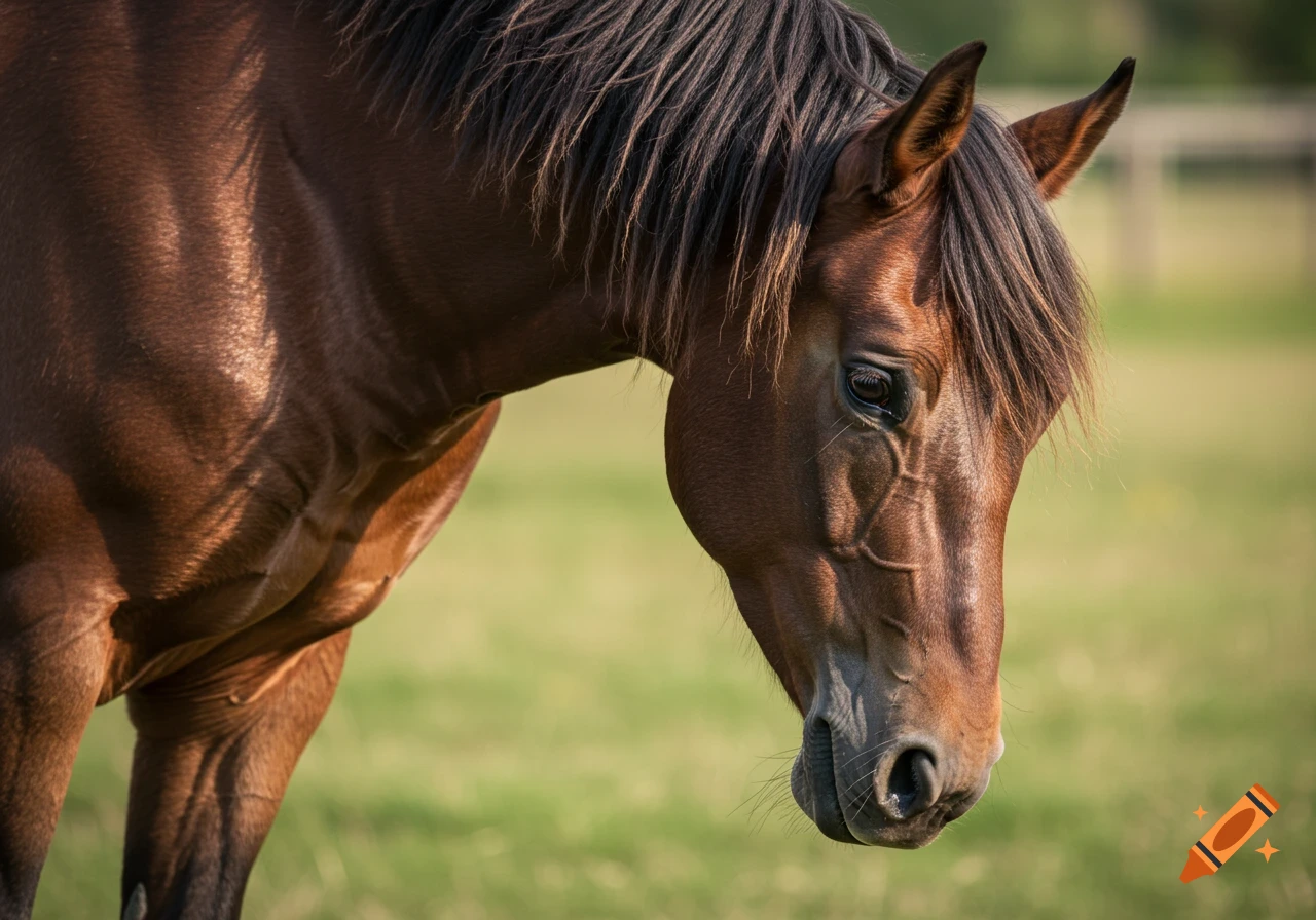 A close-up of a brown horse's head, neck, and mane, looking down in a sunny grassy field.