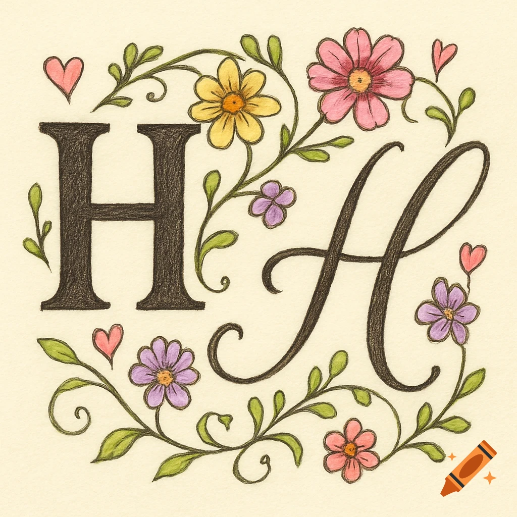 Two stylized H letters, one bold and one cursive, surrounded by colorful flowers, vines, and hearts in a hand-drawn style.