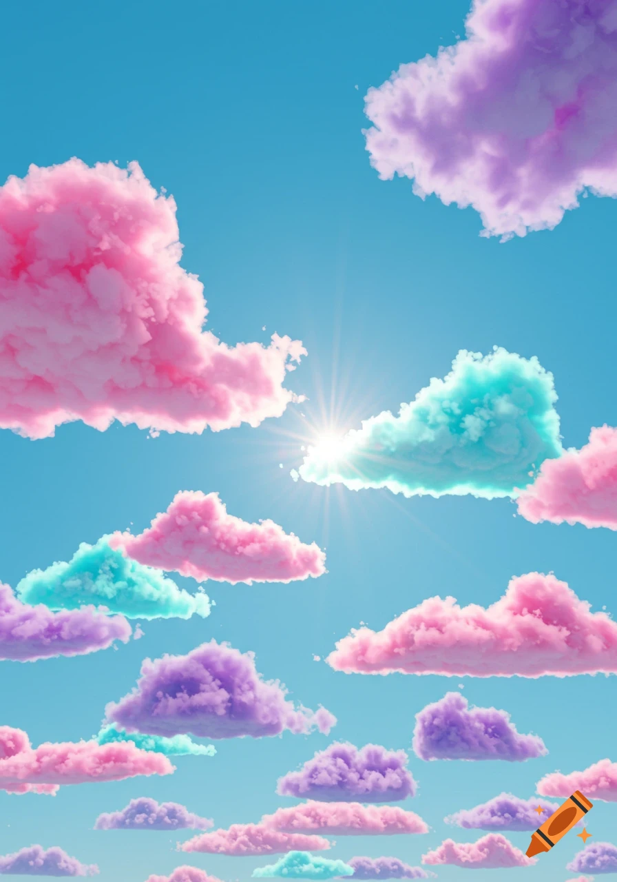 Vibrant pink, turquoise, and purple clouds fill a bright blue sky with sun rays.