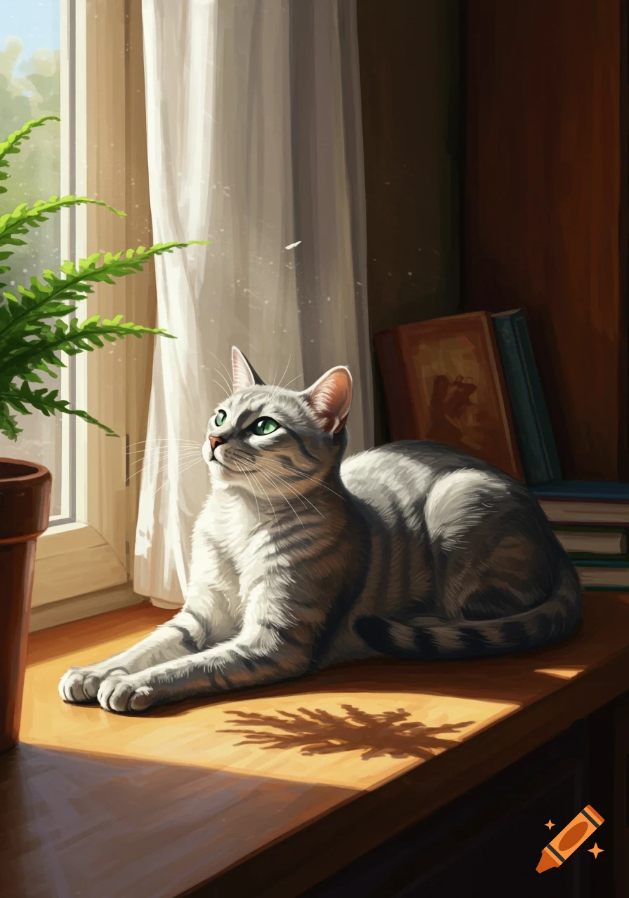 A grey tabby cat with green eyes lies on a sunlit wooden surface by a window, looking up. A green fern plant and books are nearby.