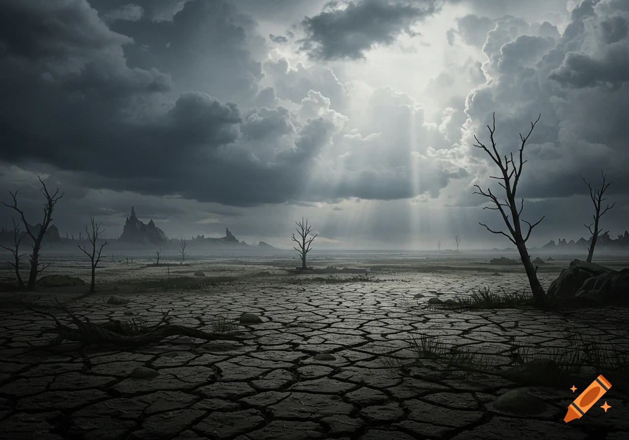 A desolate, cracked earth landscape under a dramatic, cloudy sky with sun rays breaking through, featuring bare trees and distant mountains.