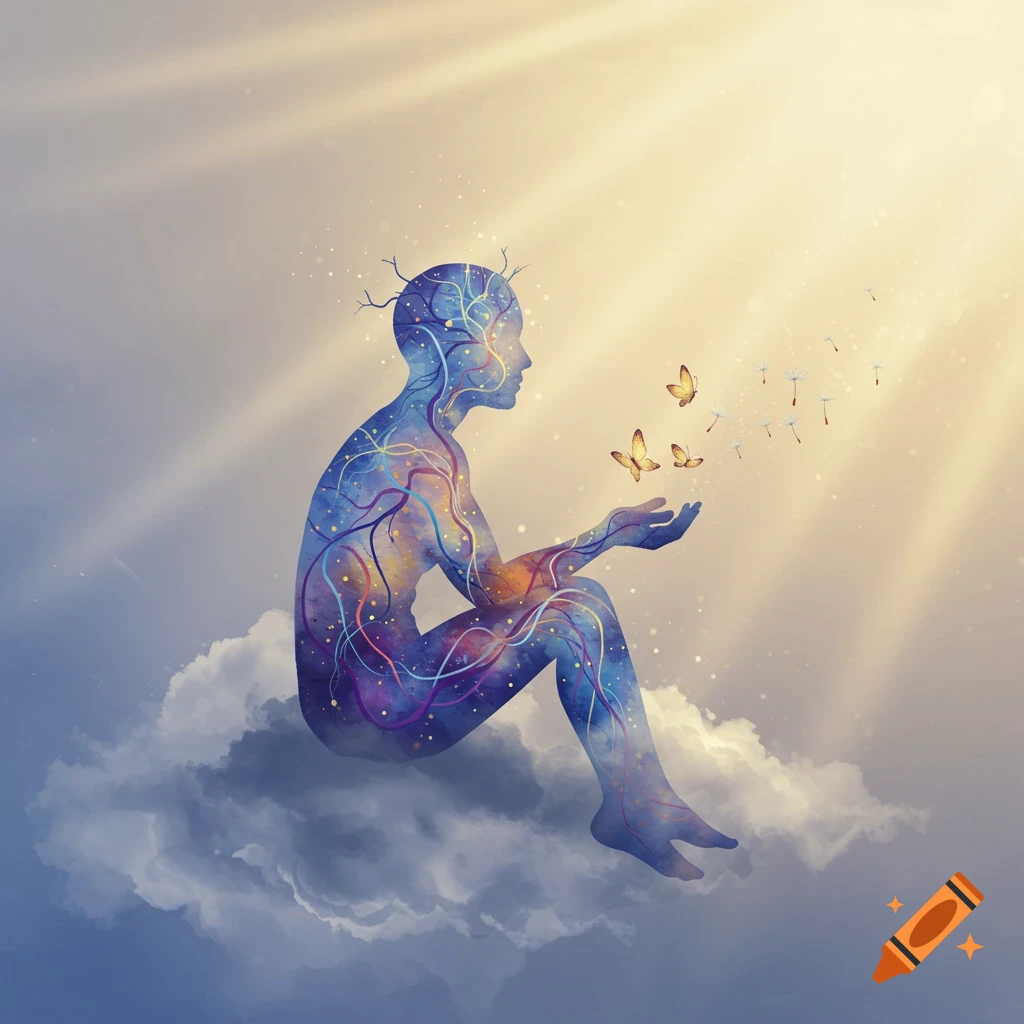 A stylized blue silhouette of a person filled with colorful patterns sits on clouds, releasing butterflies and dandelion seeds into sunbeams.