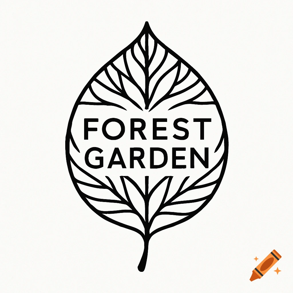 Minimalist black and white logo featuring a leaf outline with the words 'FOREST GARDEN' inside.