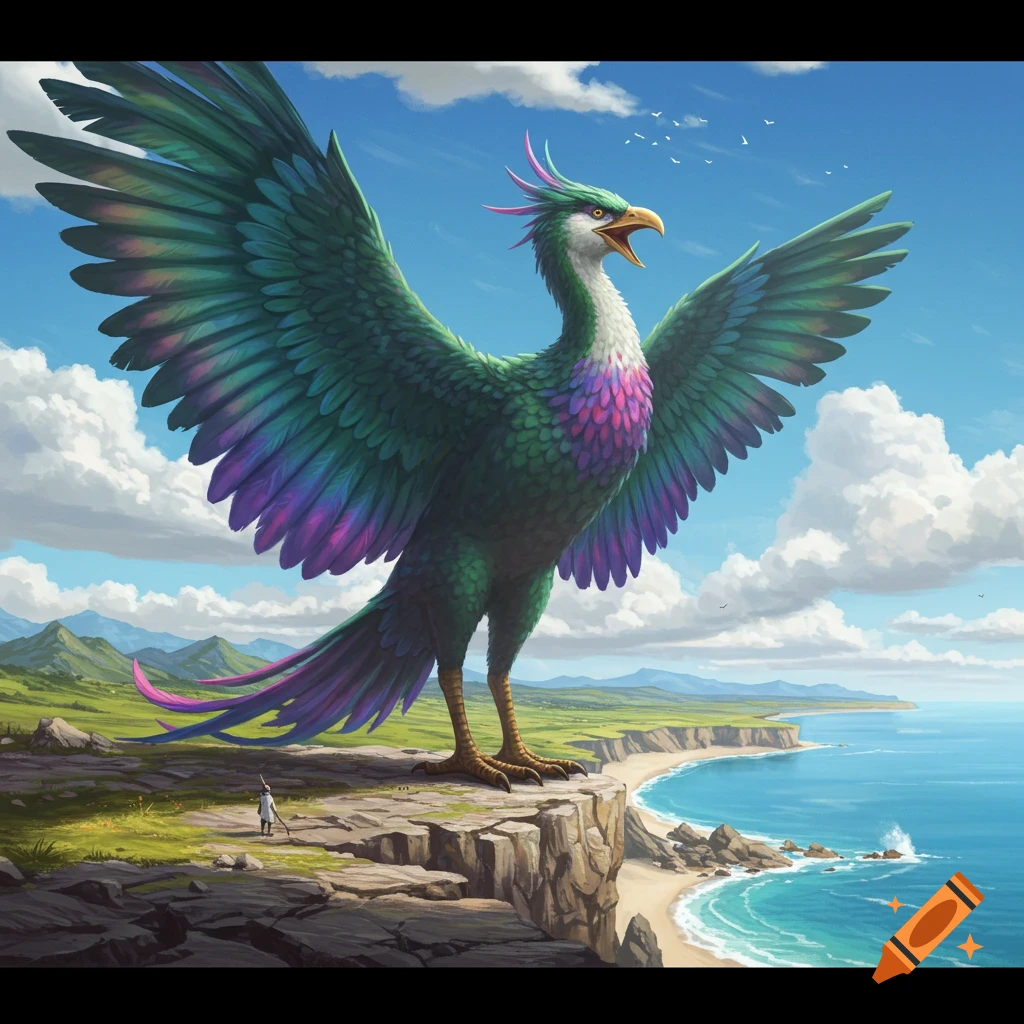 A gigantic green and purple bird with outstretched wings stands on a cliff overlooking a vast blue ocean. A tiny person looks up at it.