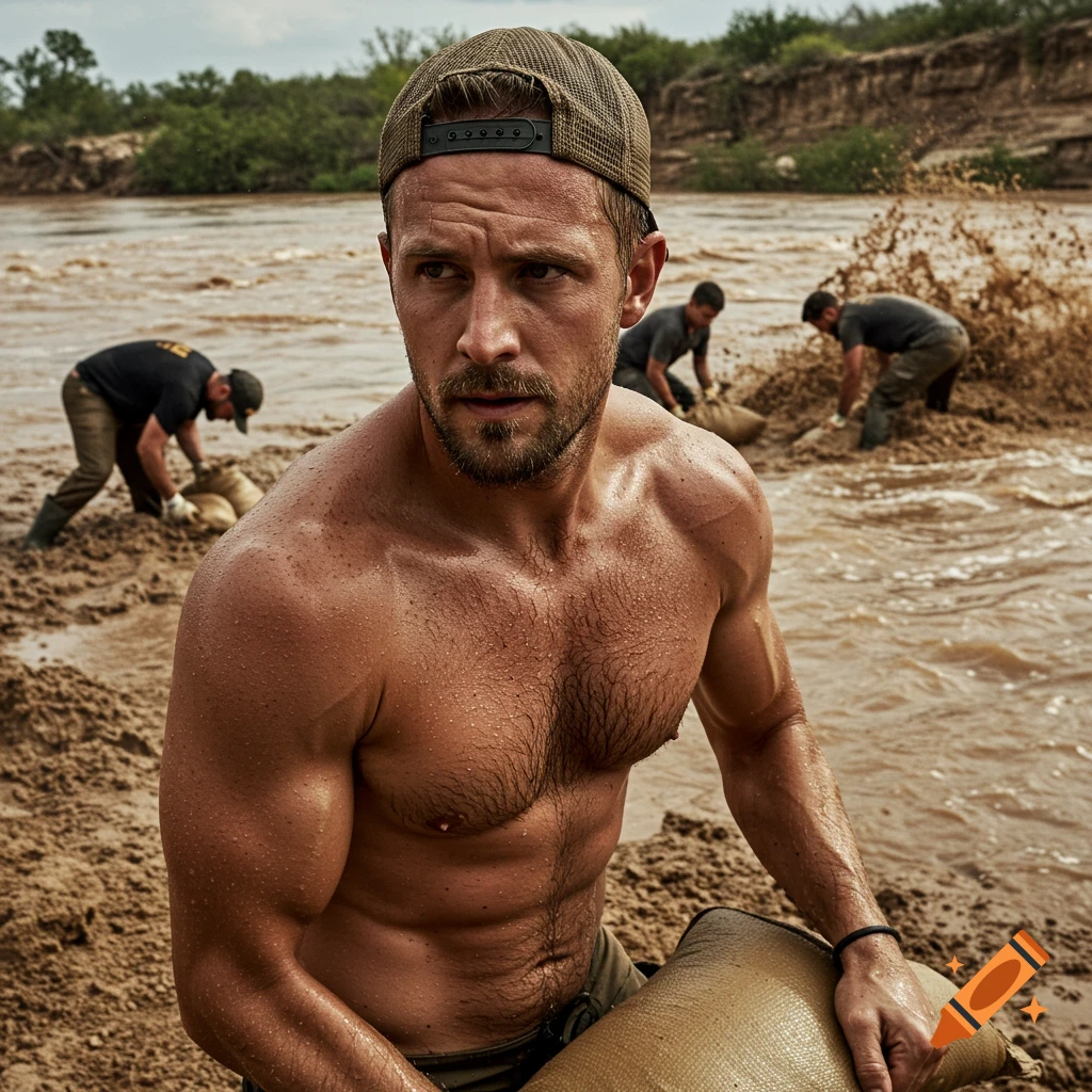 A shirtless man in a baseball cap helps sandbag a muddy river during a flood, with other crew members in the background.