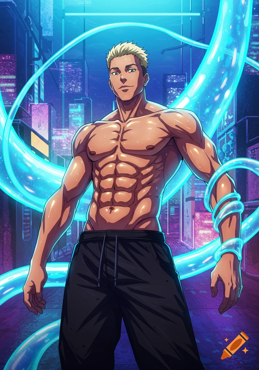 An anime illustration of a muscular man with blonde hair and glowing blue energy around him, standing in a futuristic city.