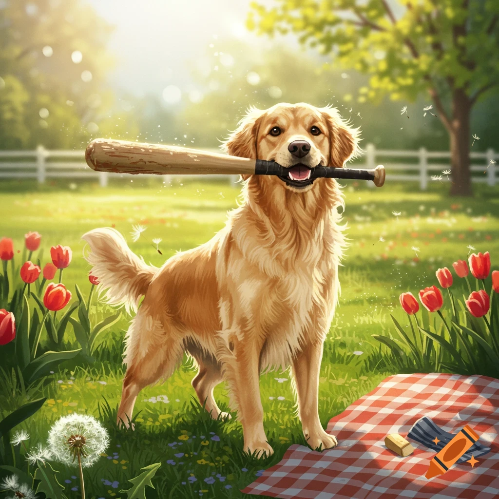 A golden retriever happily holds a baseball bat in its mouth, standing in a sunny park with red tulips and a picnic blanket.
