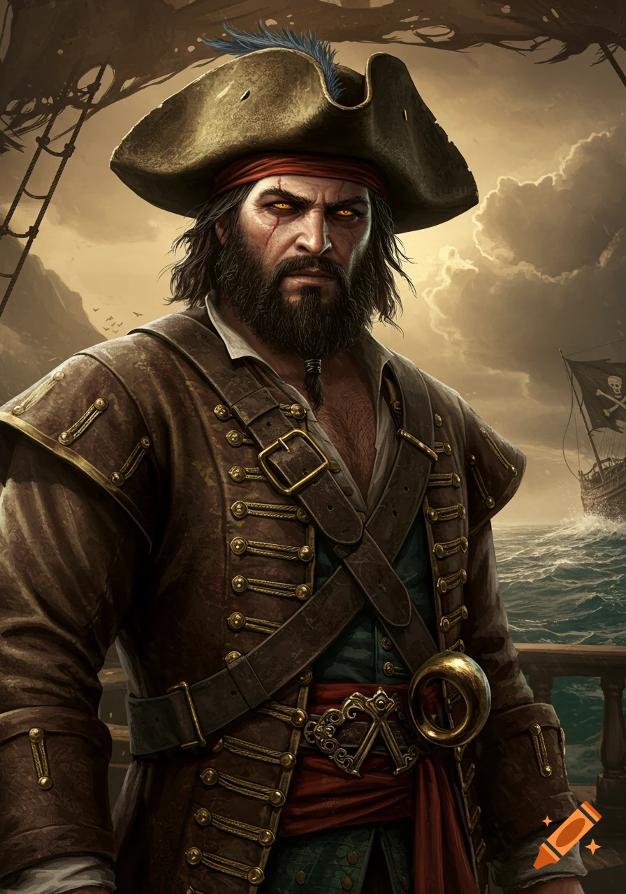 HD portrait of a stoic Spanish pirate captain with a beard and glowing eyes, wearing a brown leather coat, on a ship's deck with a pirate ship in the background.