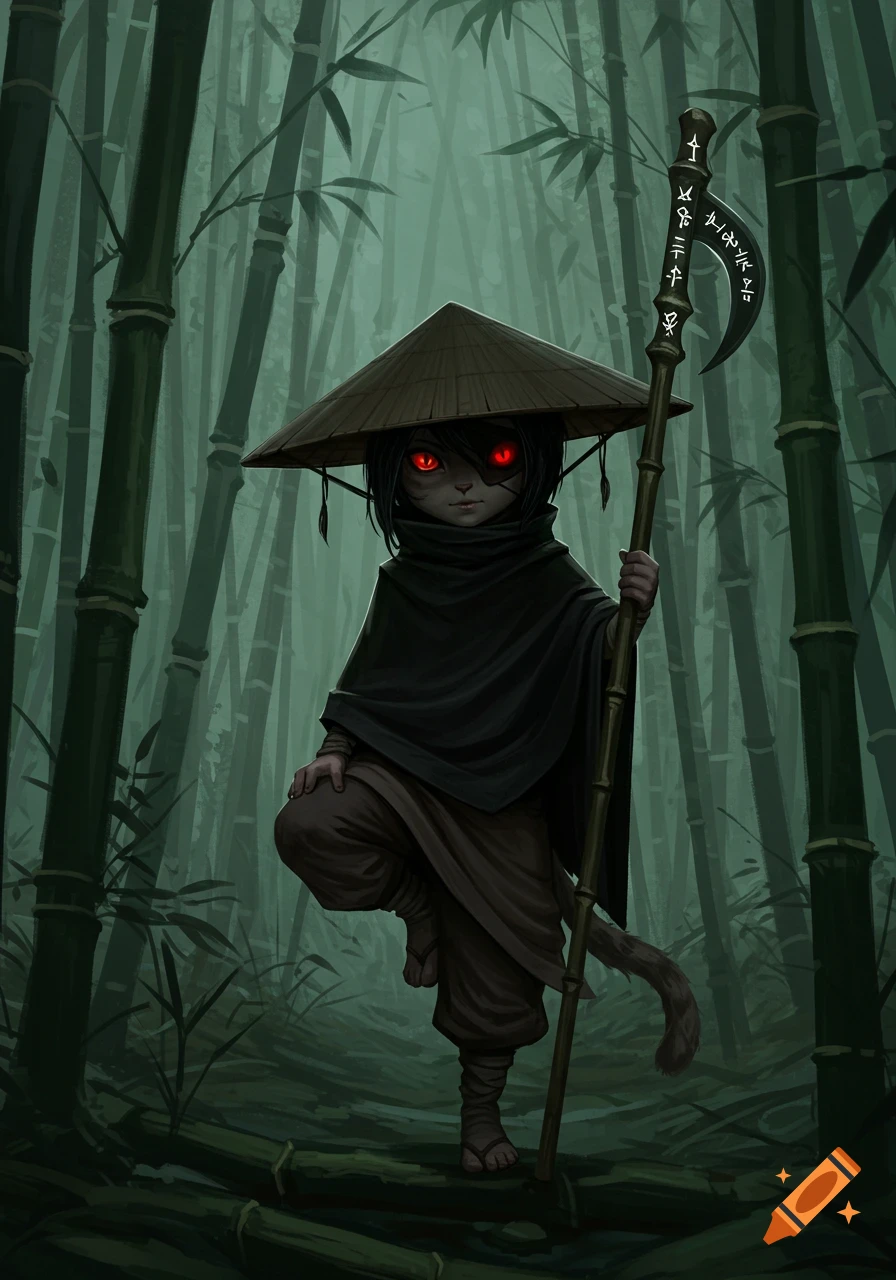 A dark, cat-like warrior in a conical hat and poncho, holding a tall staff with symbols, standing in a dim bamboo forest with glowing red eyes.
