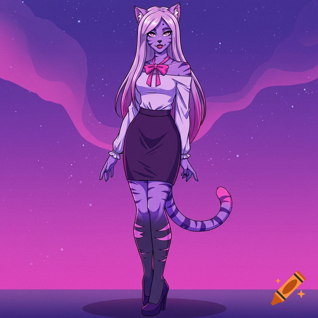 A purple cat-girl with long hair and striped tail, dressed in a white blouse and dark skirt, standing against a purple starry sky in a Western cartoon style.