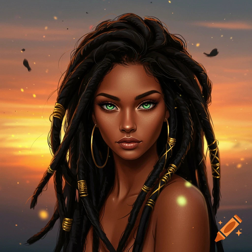 A close-up digital portrait of a beautiful woman with dark skin, striking green eyes, and long, chunky dreadlocks adorned with gold accents against a vibrant sunset sky.