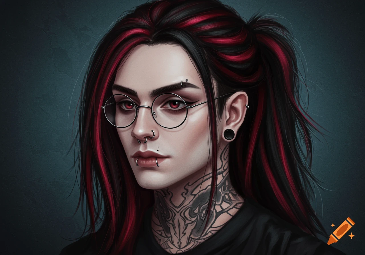 Detailed digital art portrait of a goth person with black and red hair, round glasses, facial piercings, and a neck tattoo, against a dark background.