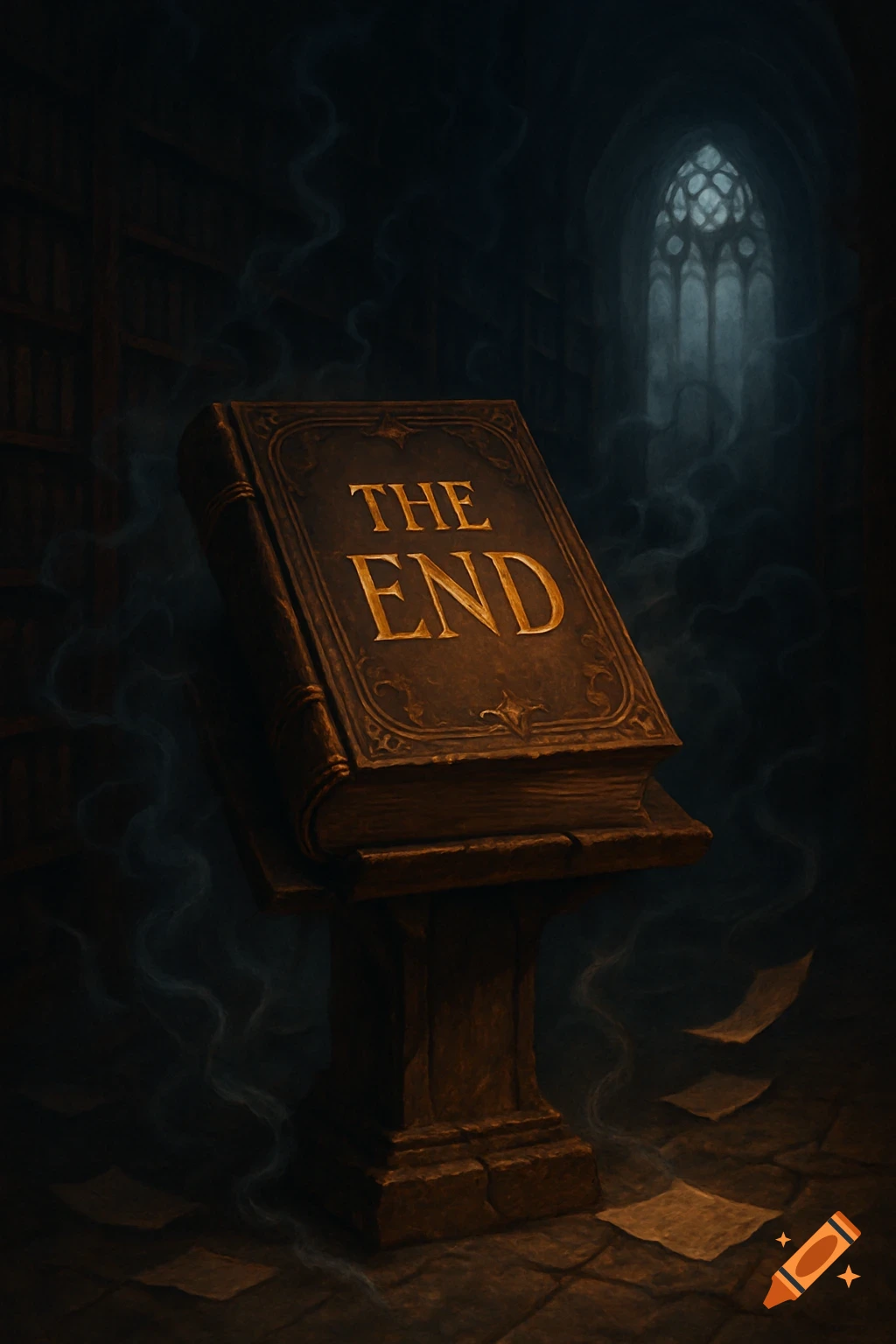 A large, ornate book with "THE END" on its cover rests on a stand in a dimly lit, mysterious library with a gothic window and wisps of smoke.