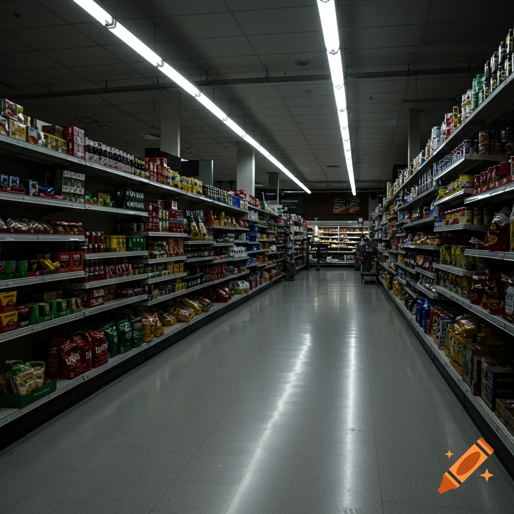 A long, empty aisle in a grocery store with fluorescent lights overhead, creating a liminal space atmosphere.